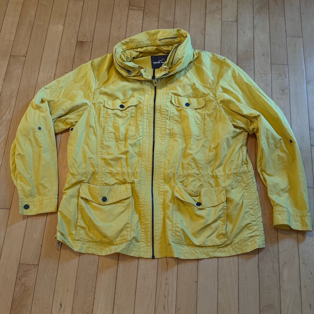 Yellow Eddie Bauer XXL Travex trek field coat nylon rain Jacket pockets hood